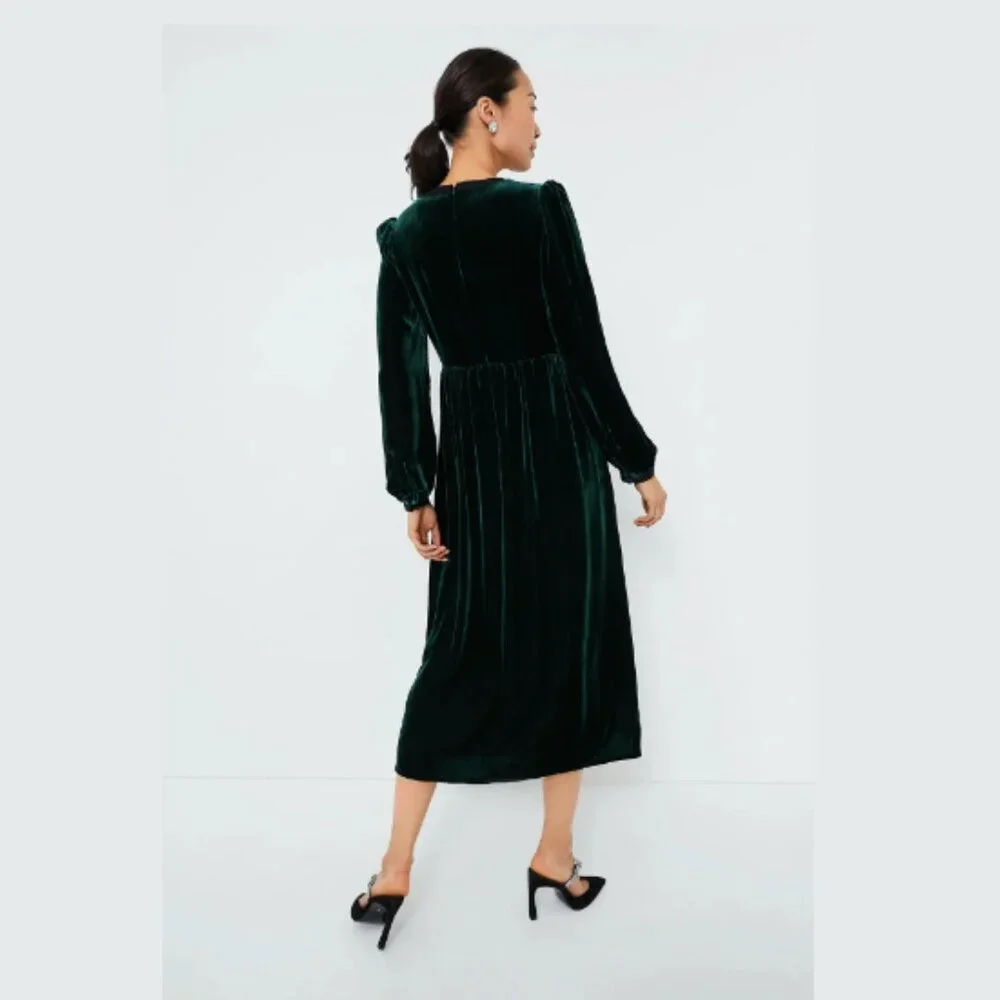 Saloni Camille Racing Green Velvet Dress 4 Jeweled Bows Midi Feminine Holiday - Picture 4 of 8